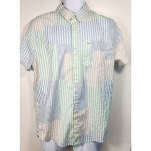 Hollister Patchwork Stripe Button Shirt L Blue Green Casual Preppy